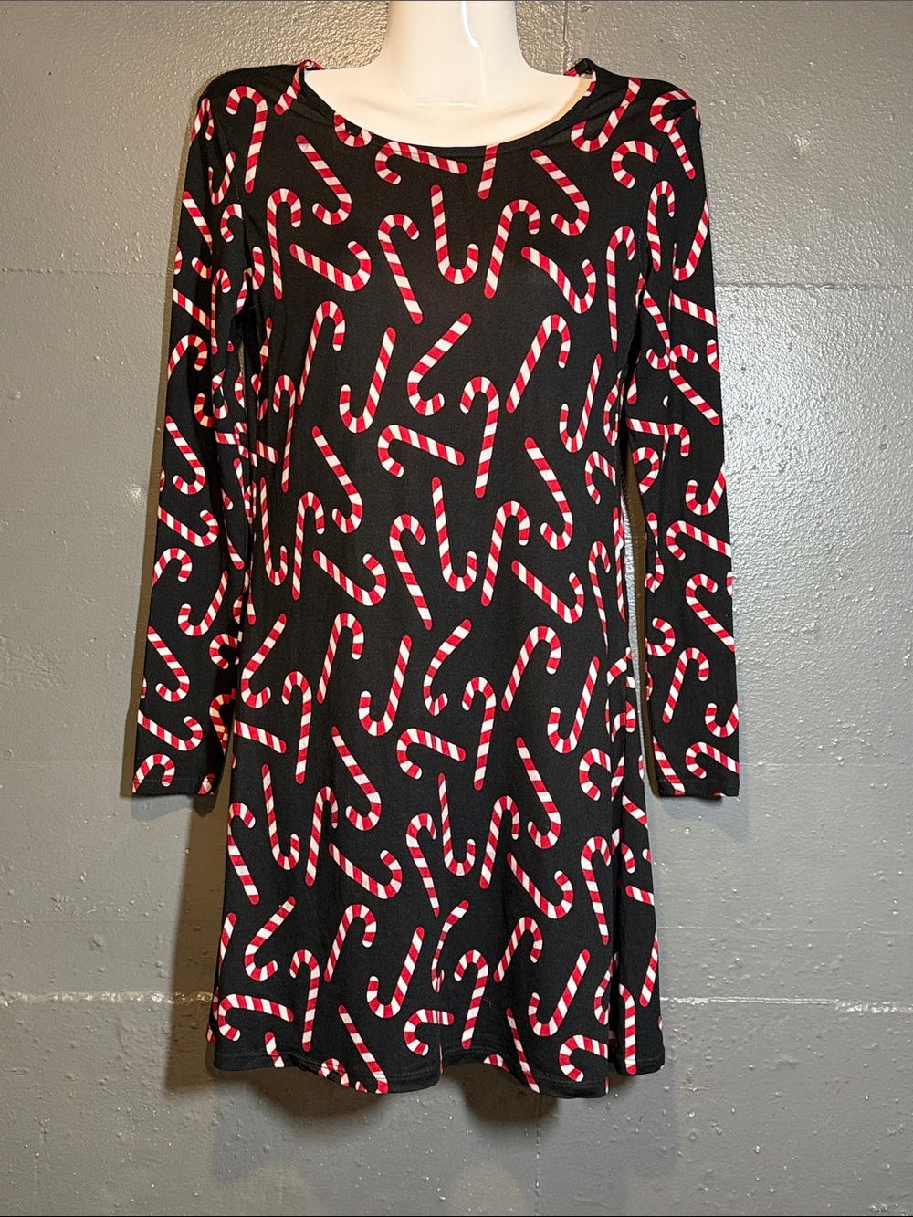 Black Candy Cane Print Long Sleeve A-Line Dress